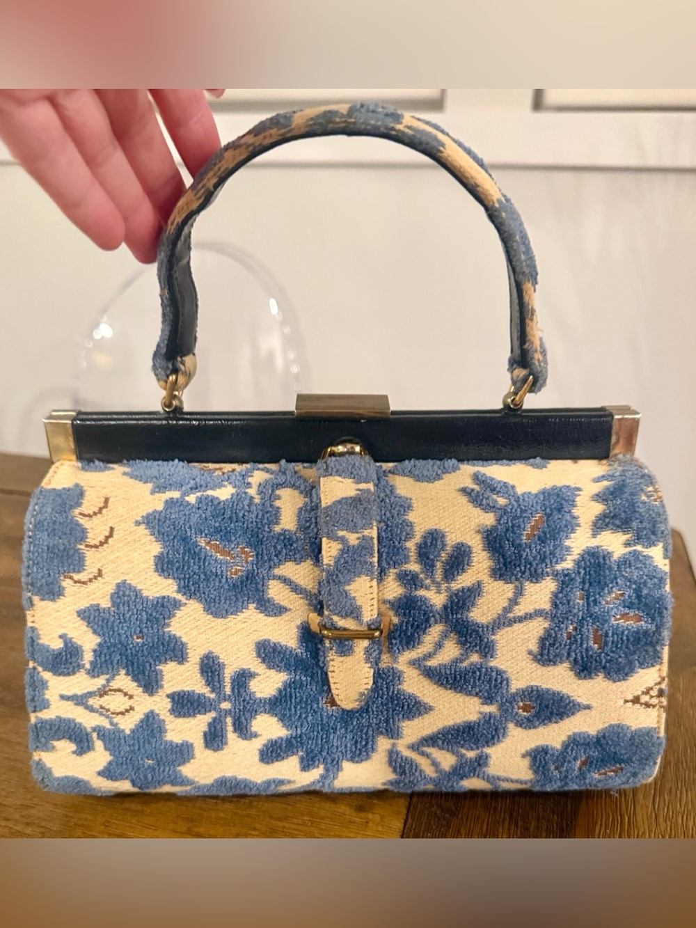 Vintage Blue Floral Tapestry Top-Handle Bag